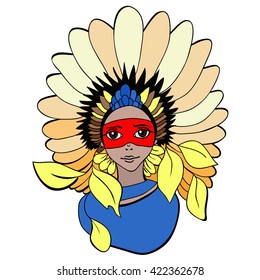 Red Indian. Vector illustration of a beautiful girl in an Indian headdress with feathers. A resident of North America for the prints, logo, cards, background.