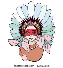 Red Indian. Vector illustration of a beautiful girl in an Indian headdress with feathers. A resident of North America for the prints, logo, cards, background.