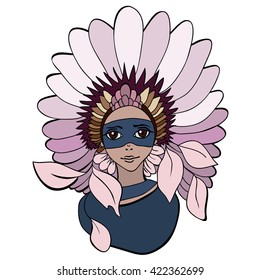 Red Indian. Vector illustration of a beautiful girl in an Indian headdress with feathers. A resident of North America for the prints, logo, cards, background.