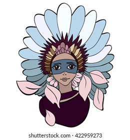 Red Indian. Vector illustration of a beautiful girl in an Indian headdress with feathers. A resident of North America for the prints, logo, cards, background.