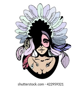 Red Indian. Vector illustration of a beautiful girl in an Indian headdress with feathers. A resident of North America for the prints, logo, cards, background.