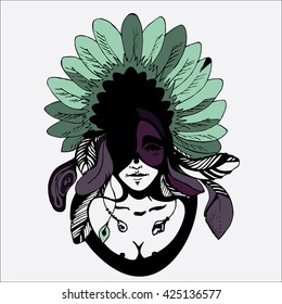 Red Indian. Vector illustration of a beautiful girl in an Indian headdress with feathers. A resident of North America for the prints, logo, cards, background.