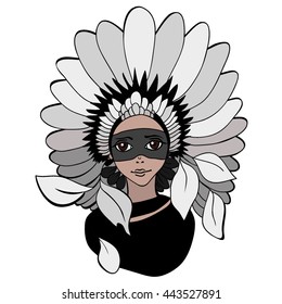 Red Indian. Vector illustration of a beautiful girl in an Indian headdress with feathers. A resident of North America for the prints, logo, cards, background.