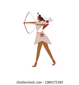 Red Indian woman pulls titevu bow. Vector illustration.