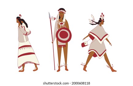 Red Indians Wearing Broad Clothing with Feathers Vector Set