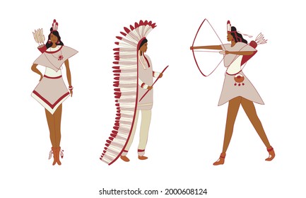 Red Indians Wearing Broad Clothing with Feathers Vector Set