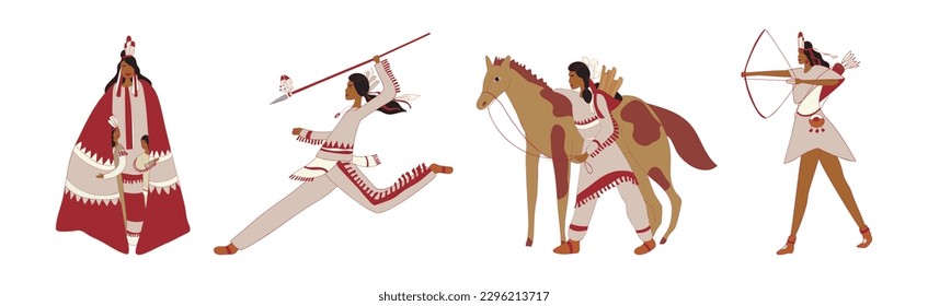 Red Indians Wearing National Clothing and Headdress with Feathers Vector Set
