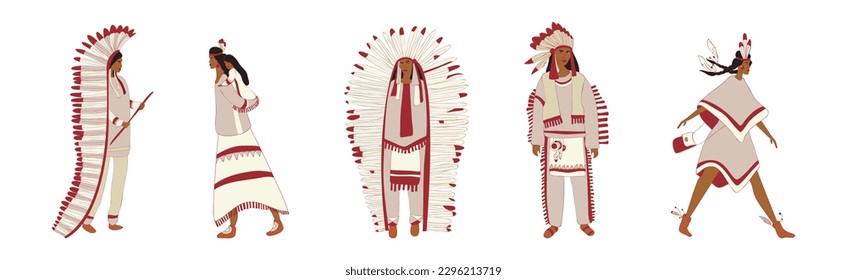 Red Indians Wearing National Clothing and Headdress with Feathers Vector Set
