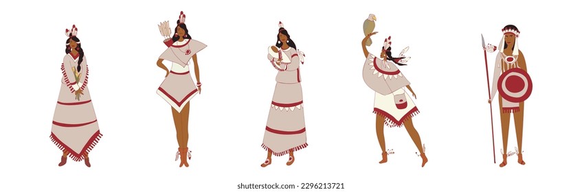 Red Indians Wearing National Clothing and Headdress with Feathers Vector Set