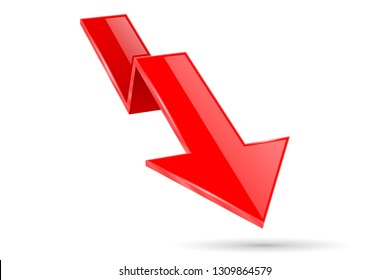 Red indication arrow. Moving down 3d financinal sign. Vector illustration isolated on white background