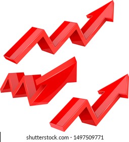 Red indication arrows. Up rising financial signs. Vector illustration isolated on white background