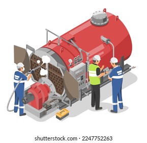 Red Industrial Boiler Cleaning and Maintenance and Inspection Engineer Inspector and Technician working on Duty Factory Machine isometric vector isolated