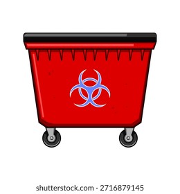 Contenedor de residuos industriales rojo con un símbolo visible de riesgo biológico, que indica la colección y eliminación adecuadas de materiales peligrosos e infecciosos en Configuraciones sanitarias y científicas