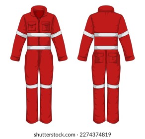 Ropa de trabajo industrial roja vista frontal y trasera. Ilustración del vector