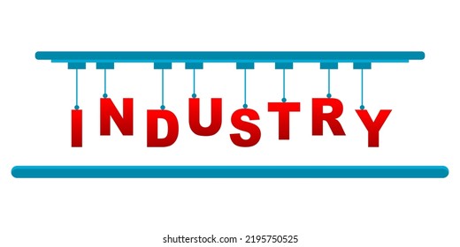 Red industry text hanging on blue crane high tech machine automation technology in factory flat vector icon design.