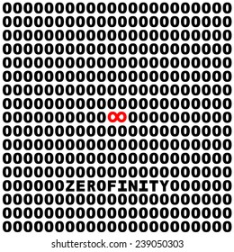 Red infinity symbol among black zero numbers on white background