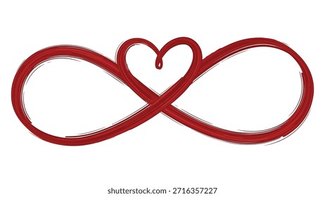 Símbolo rojo del infinito con un corazón entretejido, que representa el amor eterno y la conexión aislados en el fondo blanco, Vector, ilustración