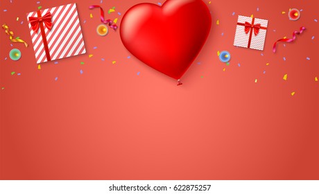 Red inflatable balloon in the shape of a heart with gift boxes, candles, tinsel and confetti on colored background. Template for creative persons. Best background for holiday, festive greetings cards.