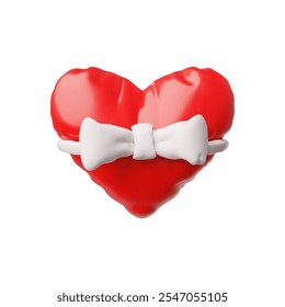 Red inflatable volumetric heart with a large white bow. 3d figure. Glossy smooth surface. Balloon made of plastic or latex. Realistic. Love. Valentine's Day. Vector illustration on white background.