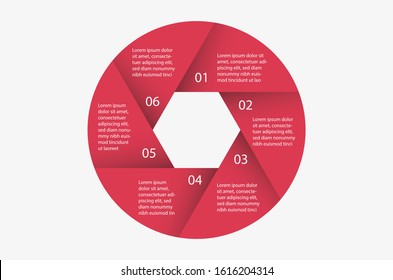 A red infographic design with six steps, aperture shaped infographic.