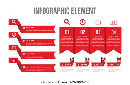 Red Infographic Set, Editable red infographic steps with icons and text.