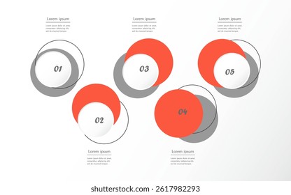 Red infographic template with 5 steps, options, parts or processes. Presentation of teamwork or business processes.