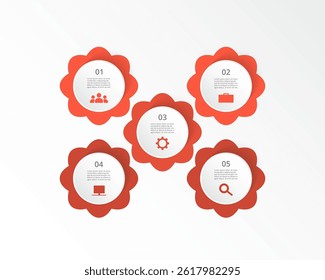 Red infographic template with 5 steps, options, parts or processes. Presentation of teamwork or business processes.