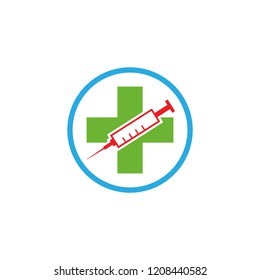 Red injection syringe on cross in a circle 