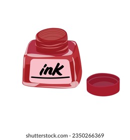 Red ink bottle vector illustration. Ink pot or inkpot vector. Stationery, office supplies or school supplies collection. Back to school concept. Flat vector in cartoon style isolated on white.