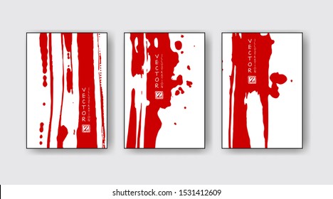 Red ink brush stroke banner, poster set on white background. Japanese style. Vector illustration of grunge stains