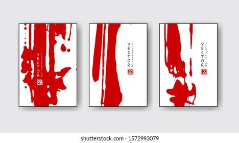 Red ink brush stroke banner, poster set on white background. Japanese style. Vector illustration of grunge stains