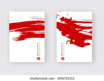 Red ink brush stroke on white background. Japanese style. Vector illustration of grunge stains