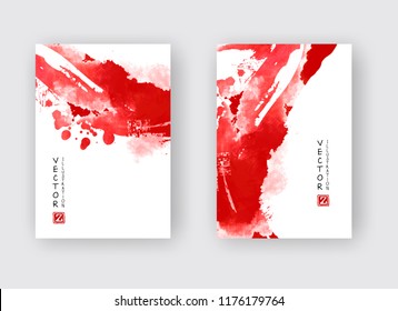 Red ink brush stroke on white background. Japanese style. Vector illustration of grunge stains