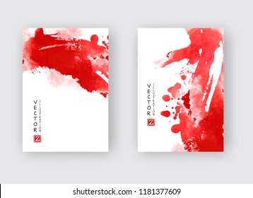 Red ink brush stroke on white background. Japanese style. Vector illustration of grunge stains