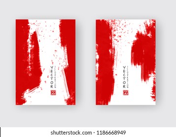 Red ink brush stroke on white background. Japanese style. Vector illustration of grunge stains