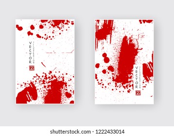 Red ink brush stroke on white background. Japanese style. Vector illustration of grunge stains