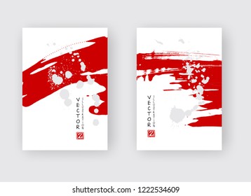 Red ink brush stroke on white background. Japanese style. Vector illustration of grunge stains