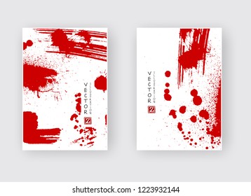 Red ink brush stroke on white background. Japanese style. Vector illustration of grunge stains