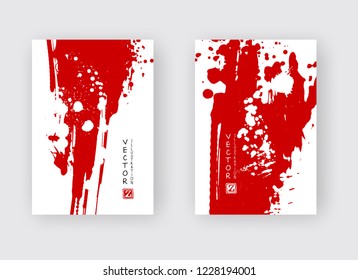 Red ink brush stroke on white background. Japanese style. Vector illustration of grunge stains
