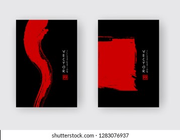 Red ink brush stroke on black background. Japanese style. Vector illustration of grunge abstract stains.