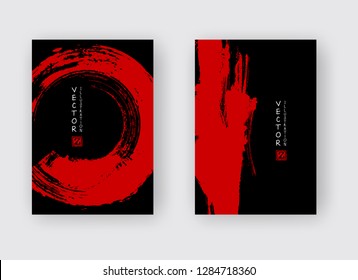 Red ink brush stroke on black background. Japanese style. Vector illustration of grunge abstract stains.