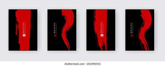 Red ink brush stroke on black background. Japanese style. Vector illustration of grunge abstract stains.