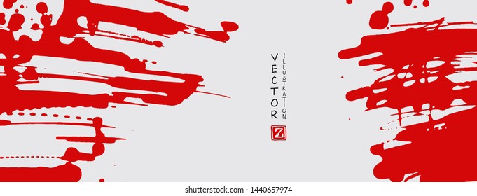 Red ink brush stroke on white background. Japanese style. Vector illustration of grunge stains