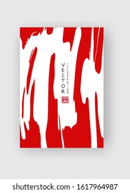 Red ink brush stroke on white background. Japanese style. Vector illustration of grunge stains