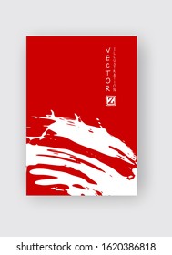 Red ink brush stroke on white background. Japanese style. Vector illustration of grunge stains