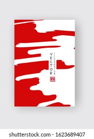 Red ink brush stroke on white background. Japanese style. Vector illustration of grunge stains