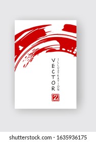 Red ink brush stroke on white background. Japanese style. Vector illustration of grunge stains