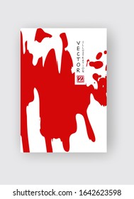 Red ink brush stroke on white background. Japanese style. Vector illustration of grunge stains