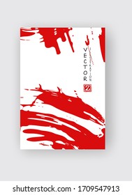 Rojo trazo de pincel de tinta sobre fondo blanco. Al estilo japonés. Ilustración vectorial de las manchas de grano