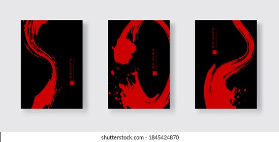 Red ink brush stroke on black background. Japanese style. Vector illustration of grunge wave stains.Vector brushes illustration.